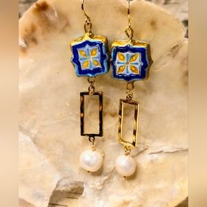 Santorini Inspired Handpainted Mosaic Tiles & White Baroque Pearl Earrings